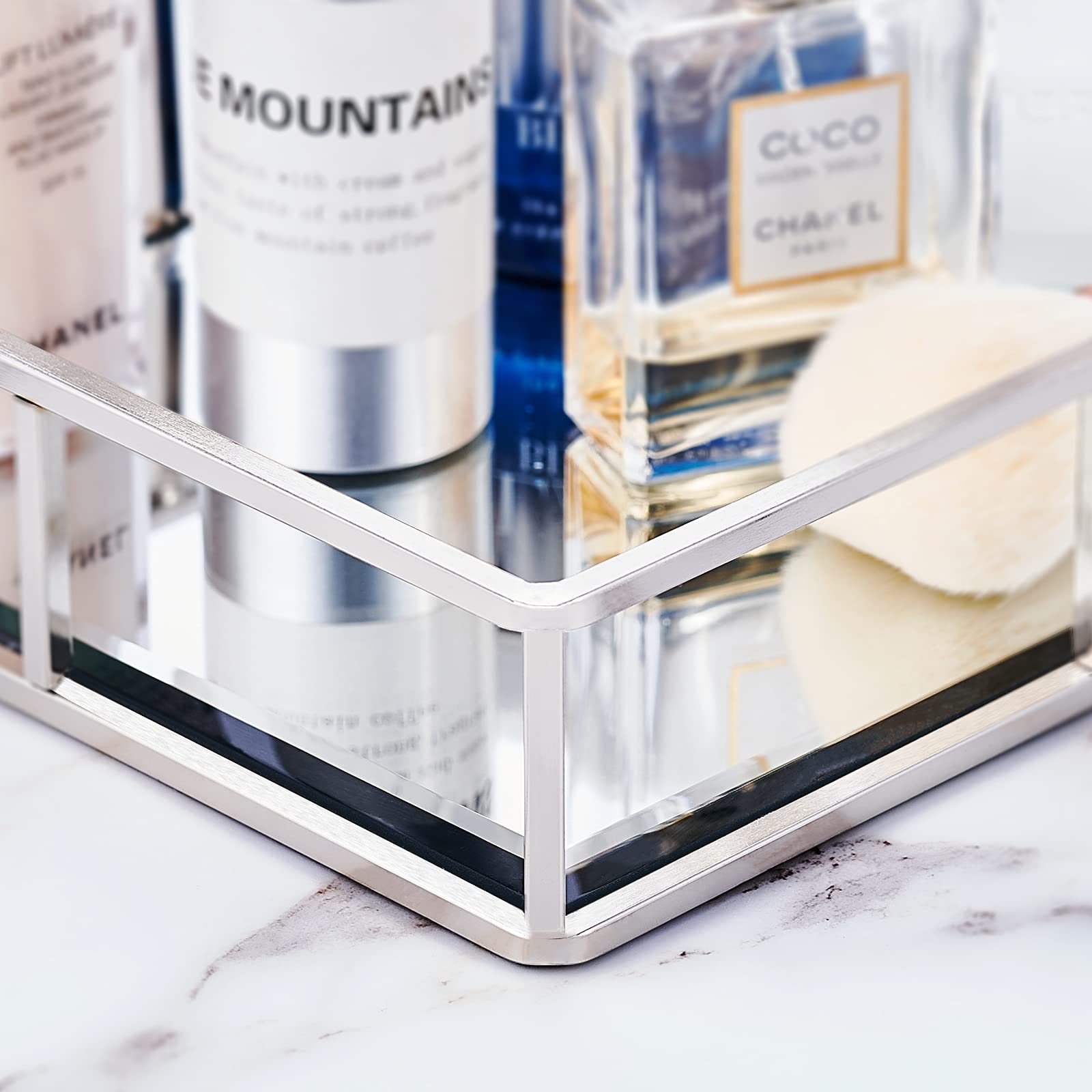 PuTwo Metal Vanity Jewelry Decor Mirror Tray  Glass Perfume Organizer for Bathroom  Counter  Silver